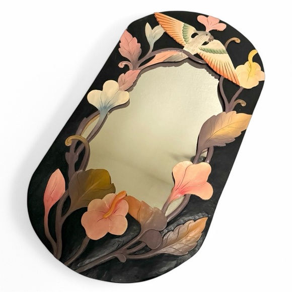 Vintage 1980s Tropical Hand Carved Wood Parrot Bird with Original Mirror - Picture 2 of 4